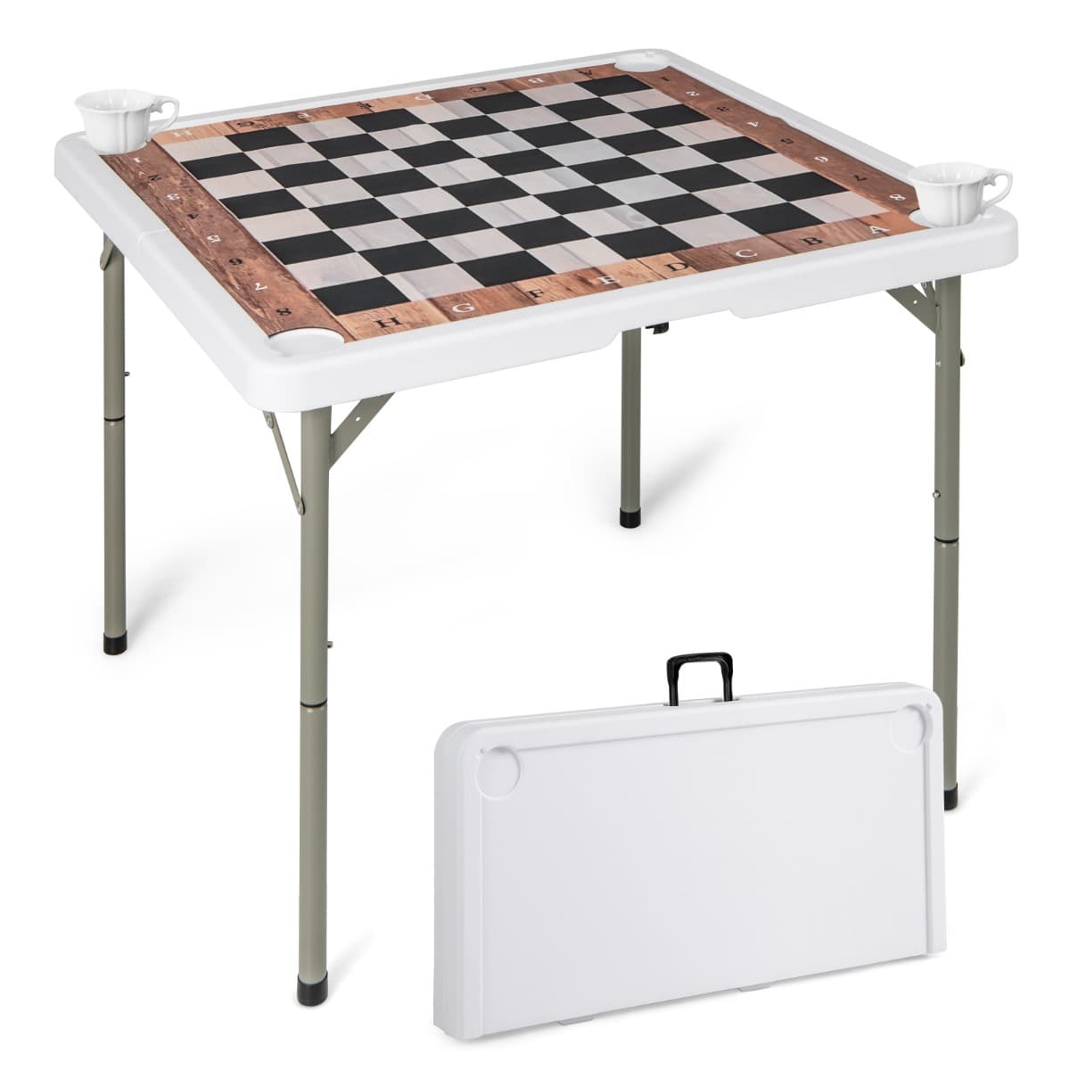 CostwayTable de Jeu d'Échecs Pliable de 90 CM Table Carrée avec Tapis Amovible et 4 Porte-gobelets Table de Jeu en Plastique Portable