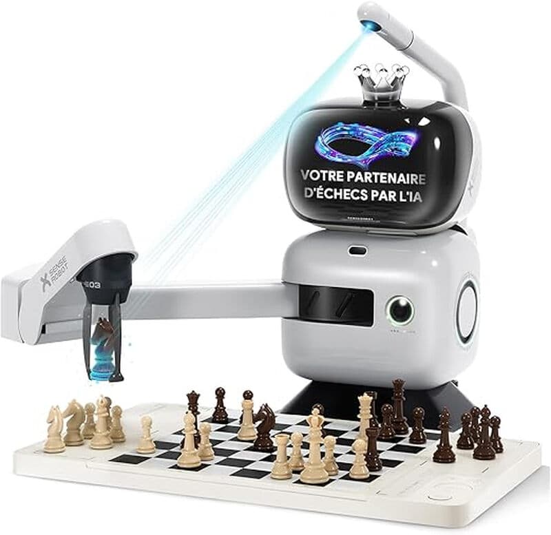 SenseRobot Adversaire intelligent pour jeu d’échecs – Robot d’échecs IA avec bras robotisé, 25 niveaux de difficulté IA, Plus de 1200 problèmes d’entraînement, Entraînement aux finales, Relecture de parties classiques, Guidage vocal, Intégration Lichess et synchronisation avec application, Adapté à tous les niveaux